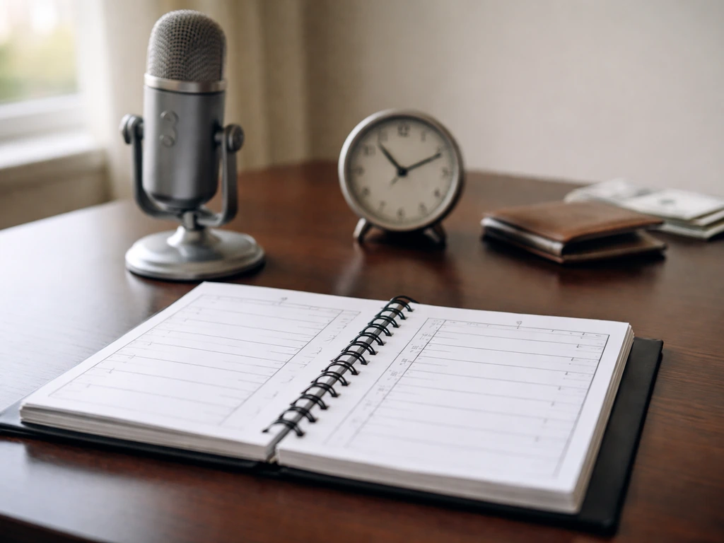 Minimal desk scene with a playbook, microphone, wallet, and an analog clock symbolizing career earnings.