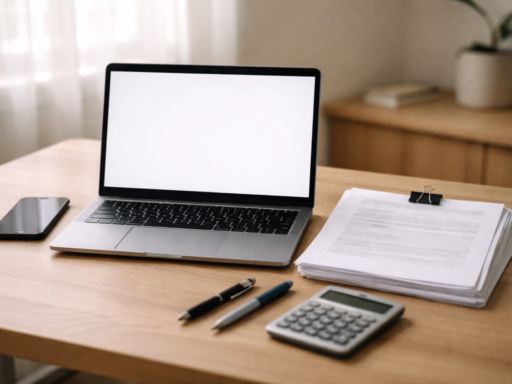 Minimal desk scene with laptop and paperwork suggesting verification of salary/contract estimates.