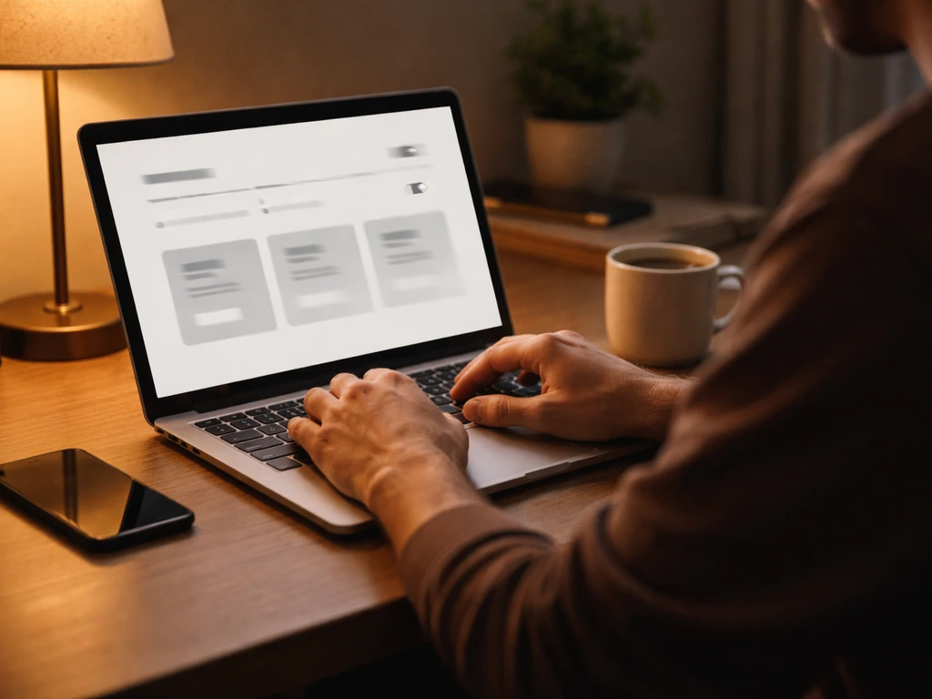 Anonymous creator at a laptop with a payment-focused subscription UI concept in a dim home office.