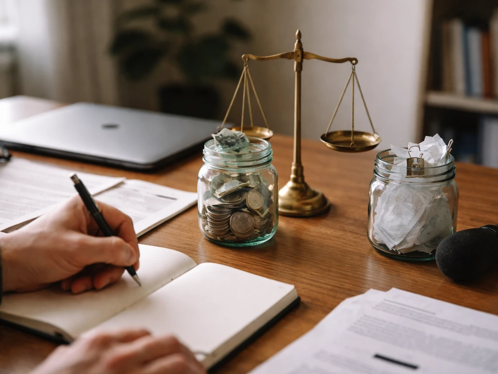 Hands review documents on a desk with notebook, microphone, and symbolic money jars.