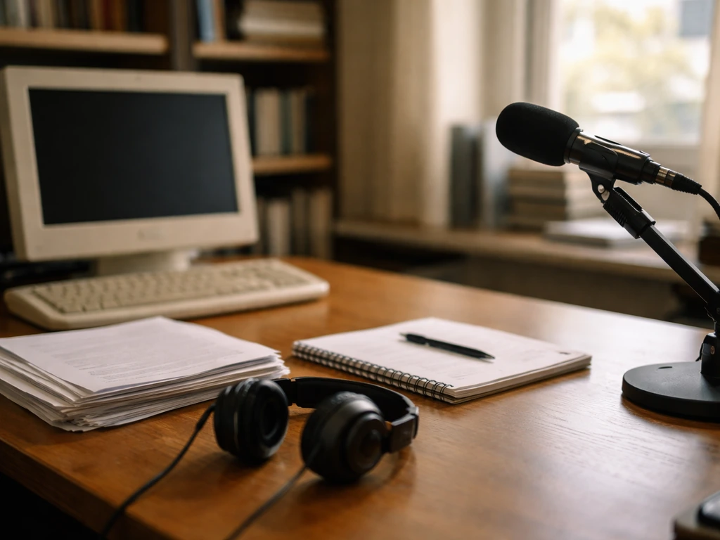 Quiet newsroom desk with computer, microphone, and unmarked papers, no people or text visible.