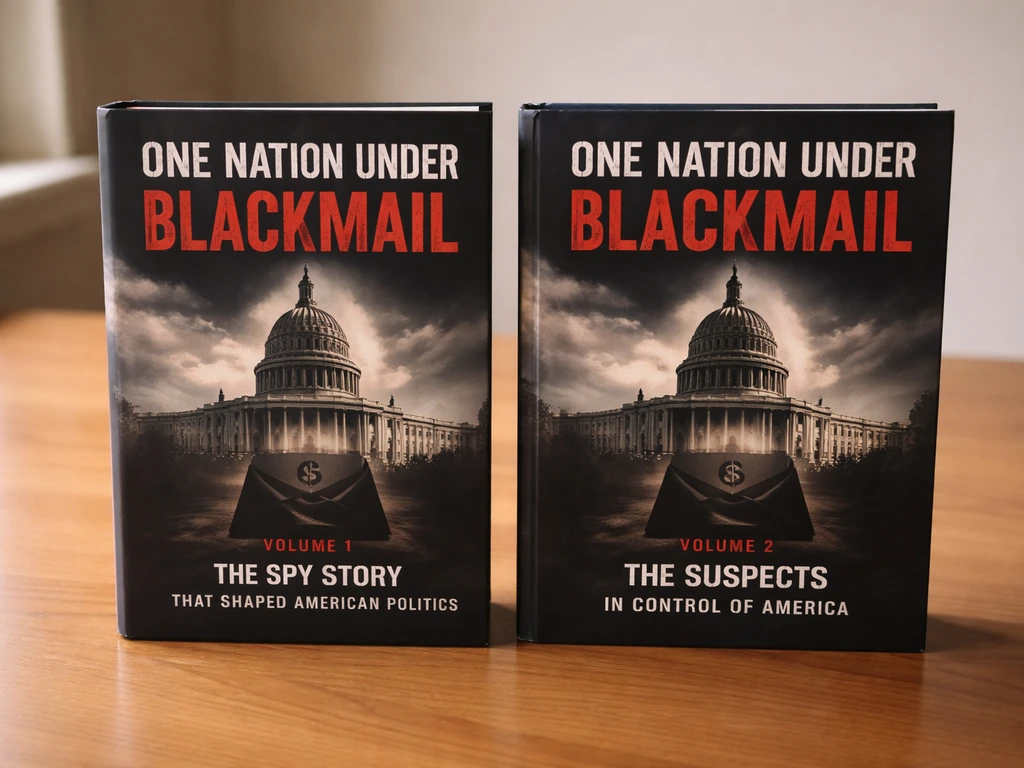 TrineDay “One Nation Under Blackmail” book covers Volume 1 and Volume 2 on a simple desk