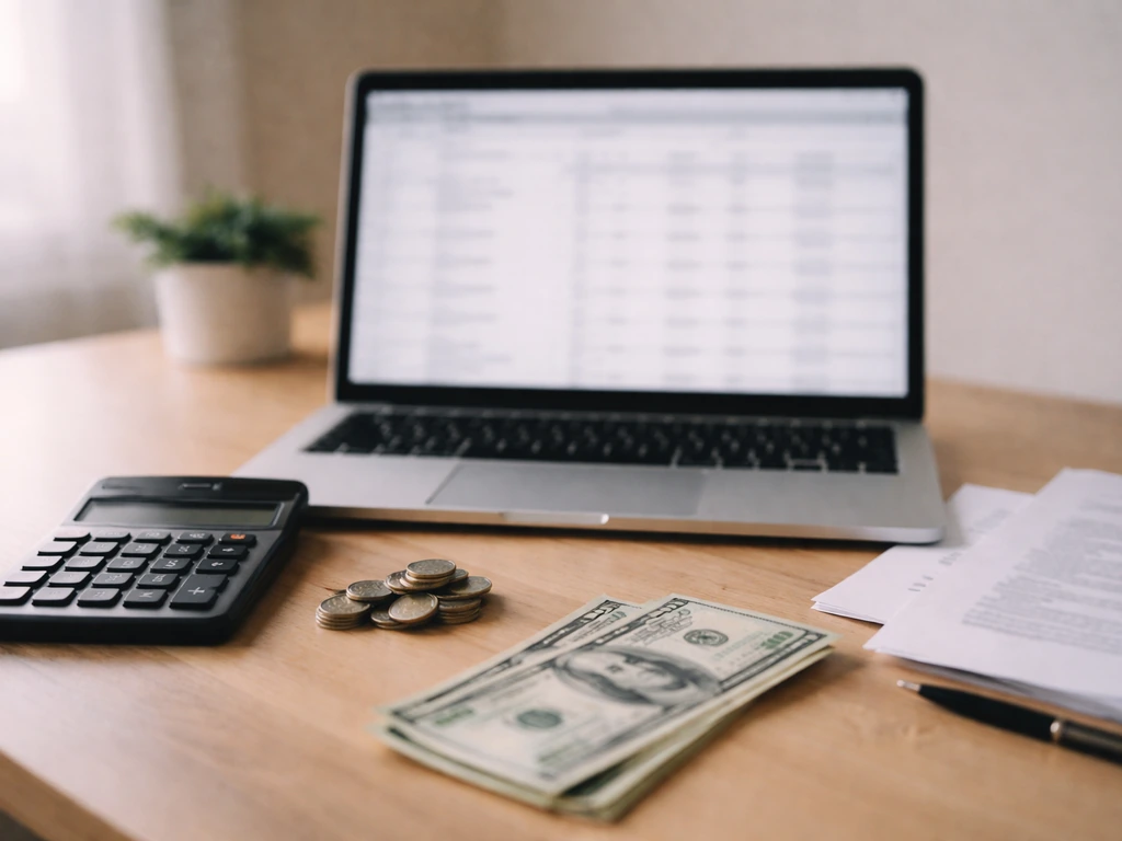 Minimal desk scene showing financial uncertainty: scattered cash, calculator, and open laptop with blurred documents