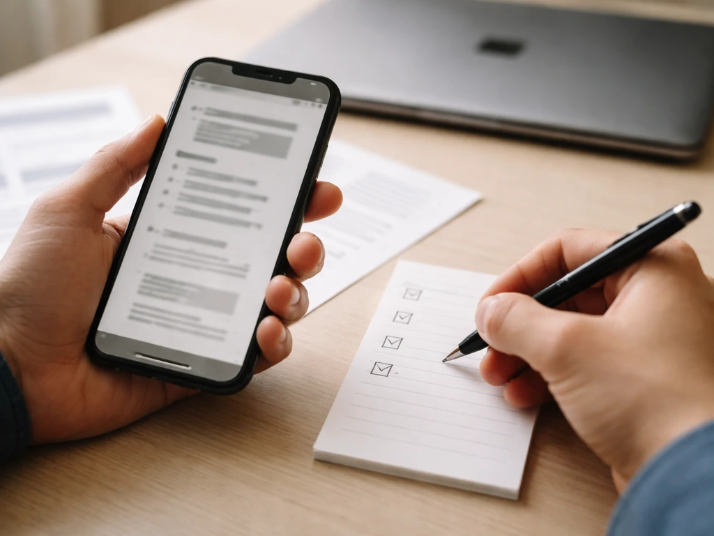 Closeup of hands using a smartphone and blank checklist card to verify media and financial details.