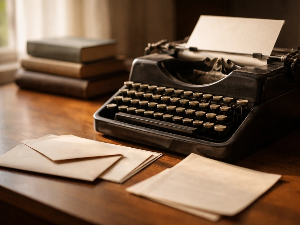 Close-up of a vintage typewriter beside royalty-style envelopes in a softly lit study, symbolizing literary wealth.