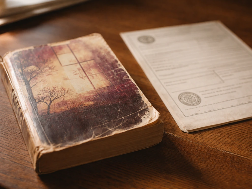 Vintage The Color Purple paperback next to an aged U.S. copyright-style document, close-up.