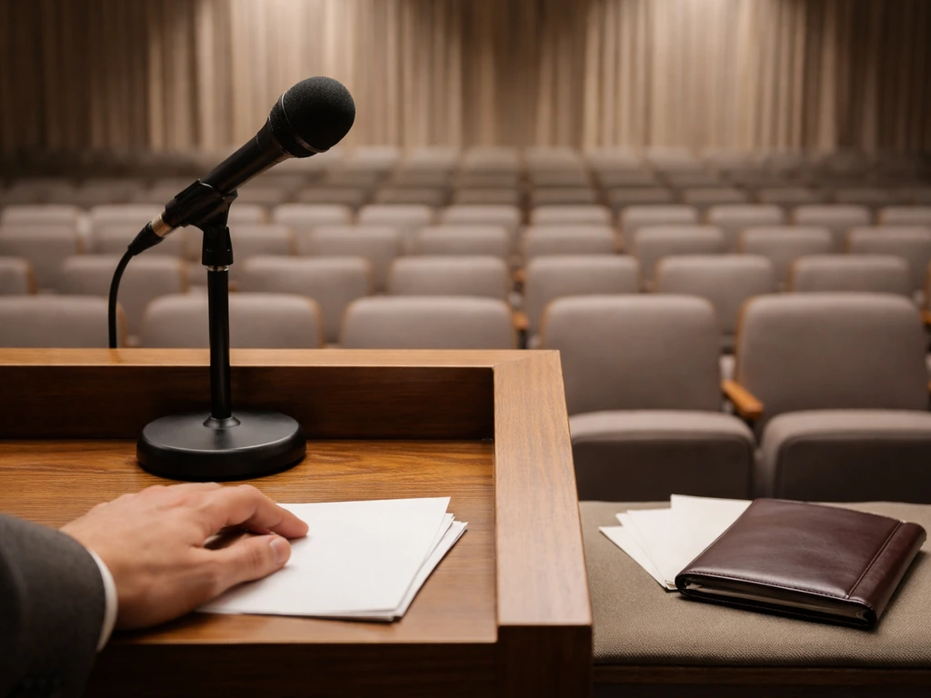 Quiet university auditorium with a lectern microphone and blank papers before a talk.