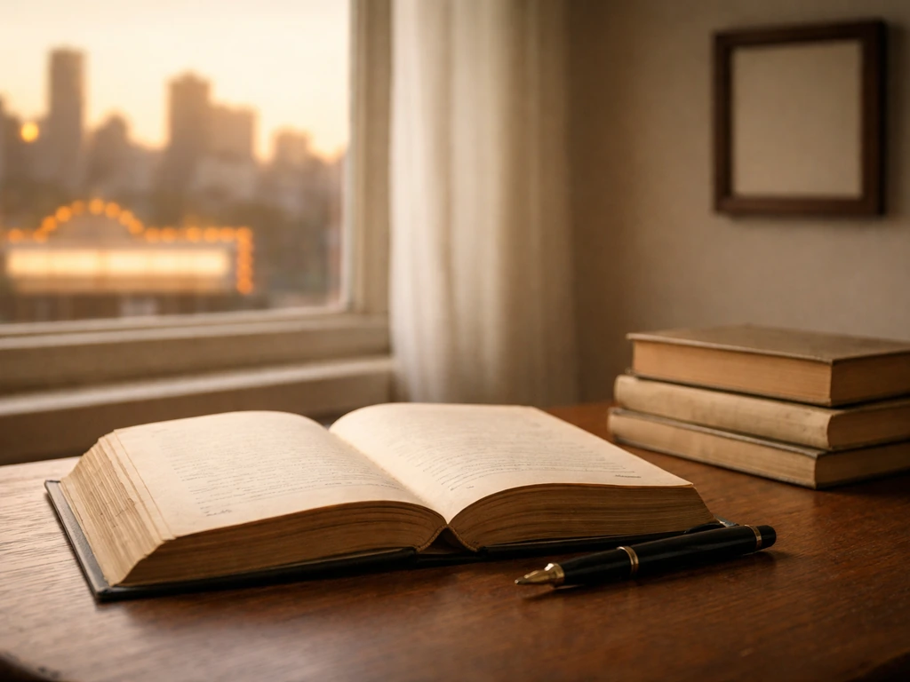 Minimal photo of a book on a desk with soft daylight and a blurred city skyline, suggesting a career timeline.