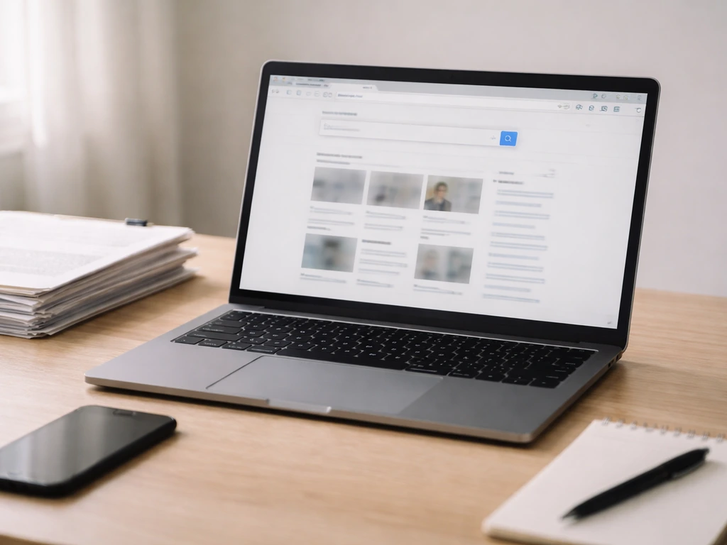 Minimal desk setup with a laptop search screen and documents for verifying publishing records.