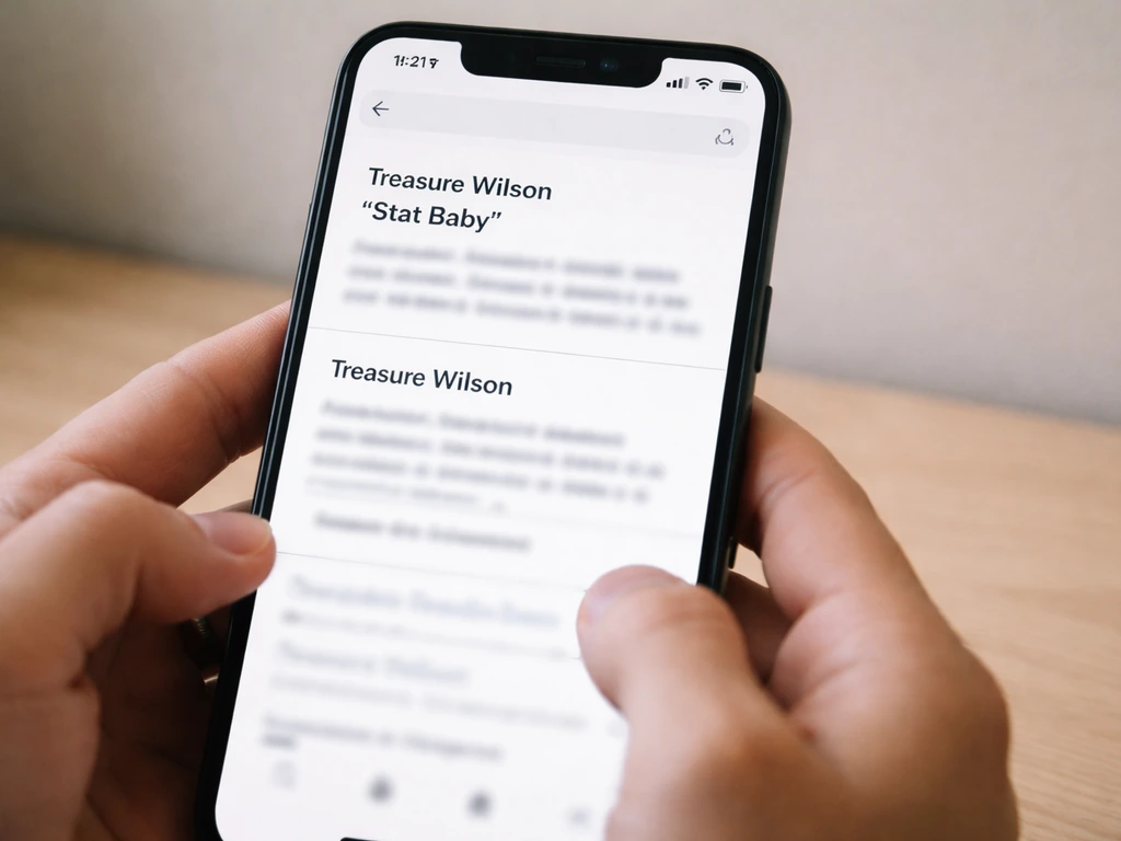 Minimal smartphone photo of a search results screen showing different “Treasure Wilson” identifiers