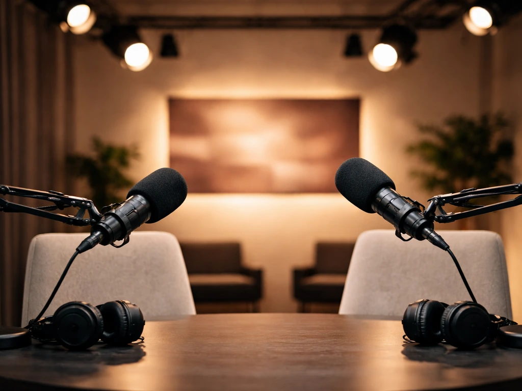 Minimal YouTube talk show studio setup with microphones and warm lighting, guest seating in soft focus.