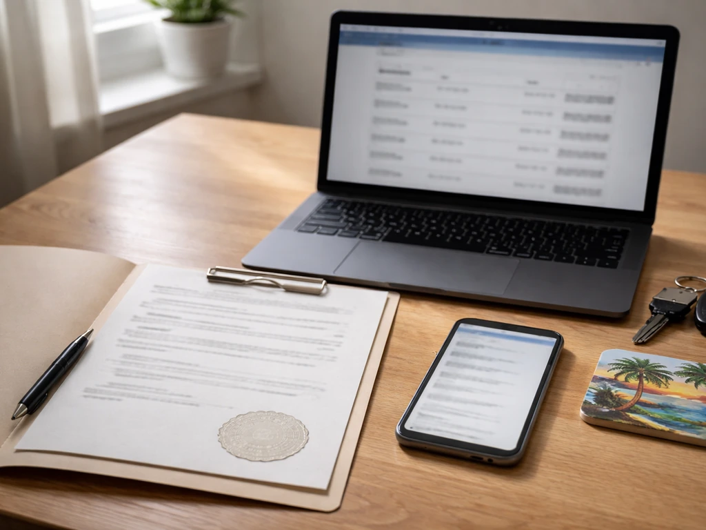 Minimal desk with open business documents and blurred laptop results suggesting LLC verification.