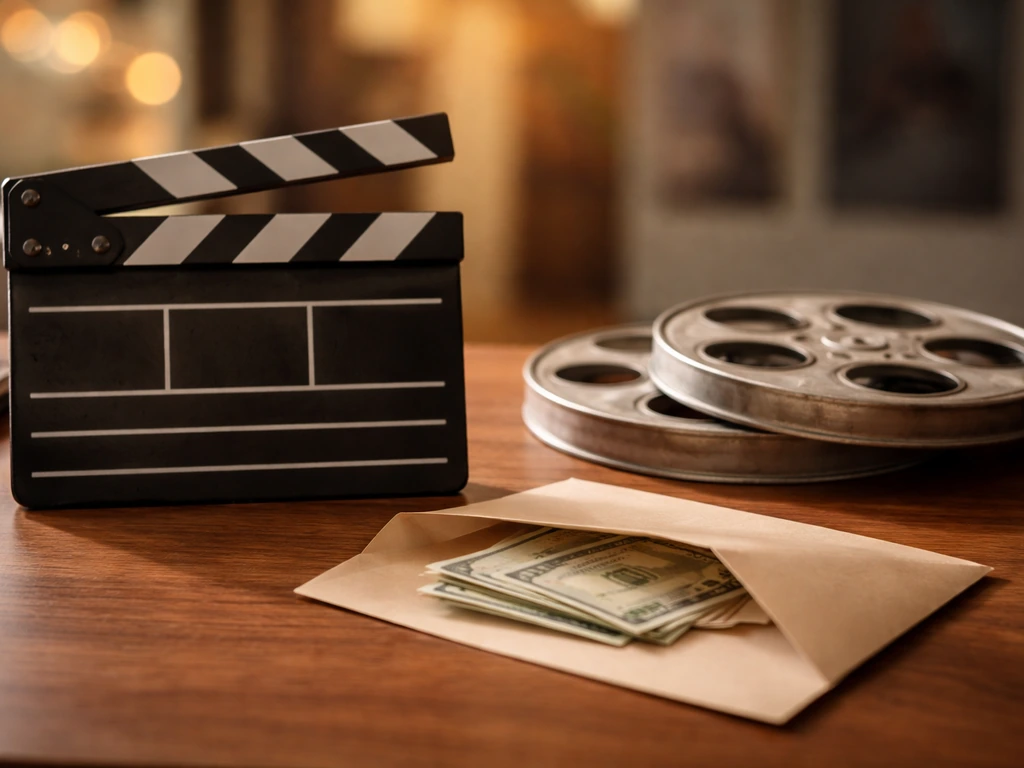 Sunlit desk with film memorabilia, a clapperboard, and scattered cash envelopes symbolizing estimated acting income.