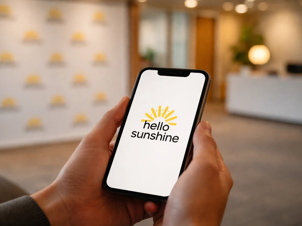 Person holding a smartphone showing the Hello Sunshine logo on a press backdrop, symbolizing the sale moment.