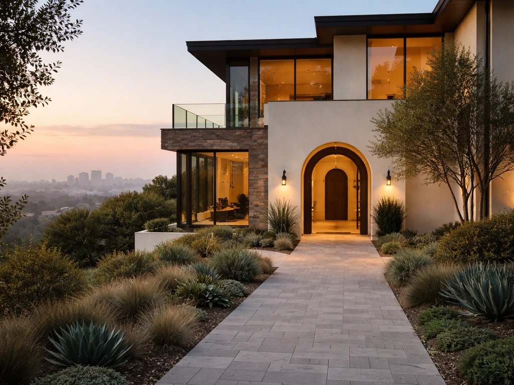 Luxury modern home exterior on a Brentwood hillside in Los Angeles with greenery and soft city backdrop.