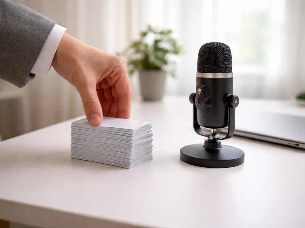 Hand stacks blank money-style cards beside a microphone and laptop on a clean studio desk.