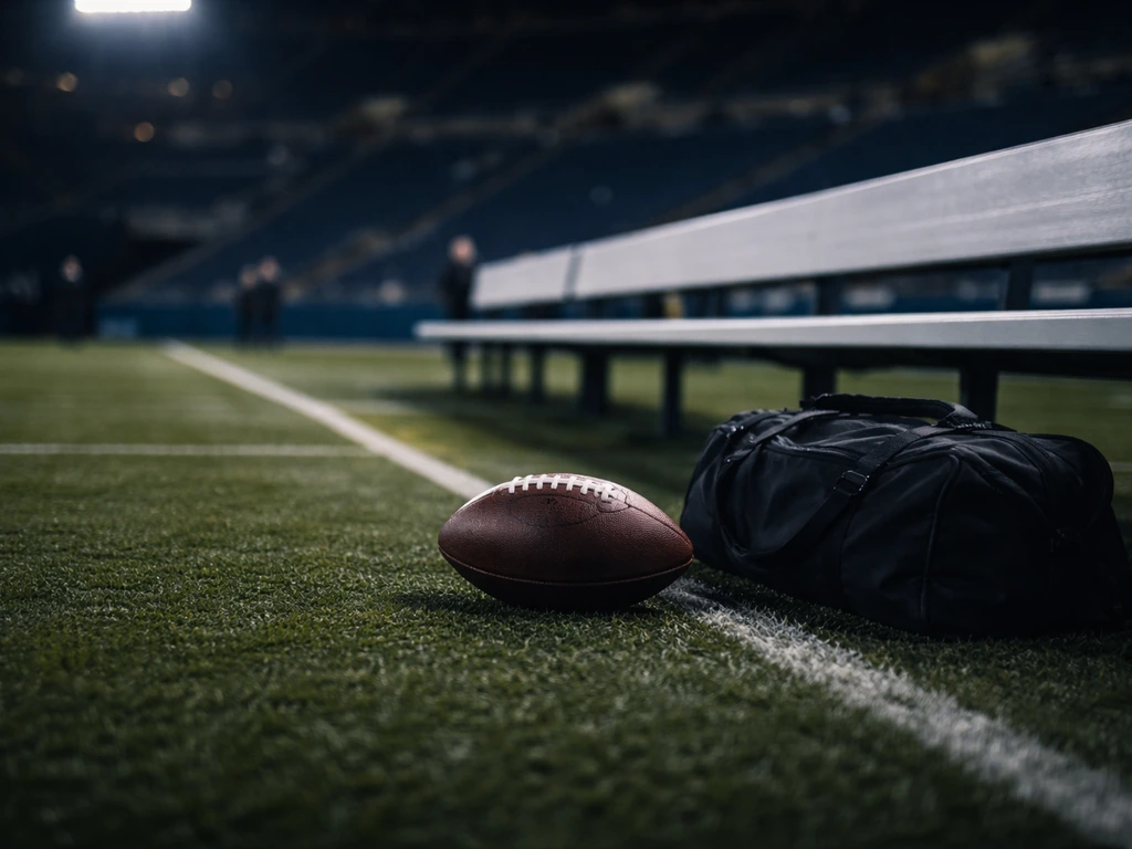 Empty Seahawks sideline at night with a football and duffel bag, symbolizing an NFL earnings analysis.