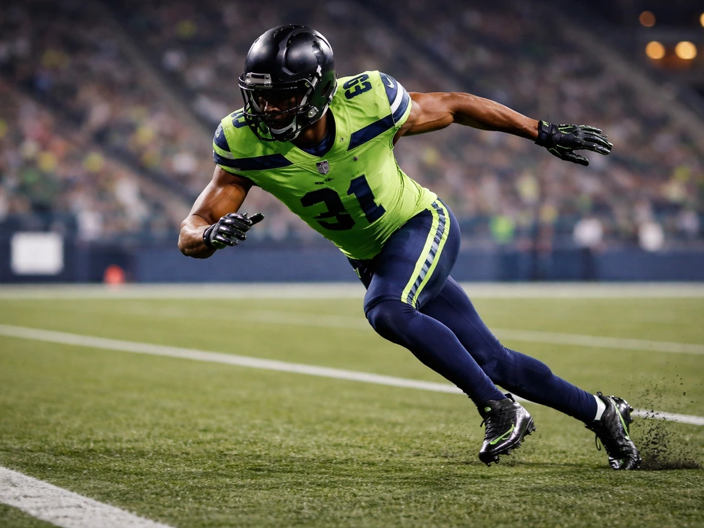 NFL cornerback sprinting on a Seattle Seahawks game field, focused action under stadium lights.