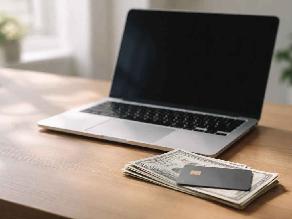 Minimal photo of an open laptop on a desk with a few cash bills and a credit card, symbolizing a net-worth range.