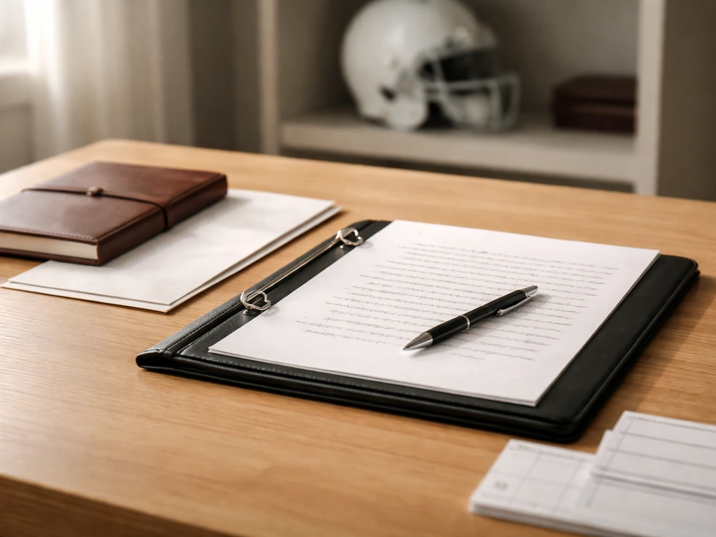 Open contract papers on a desk with a blurred football helmet in the background.