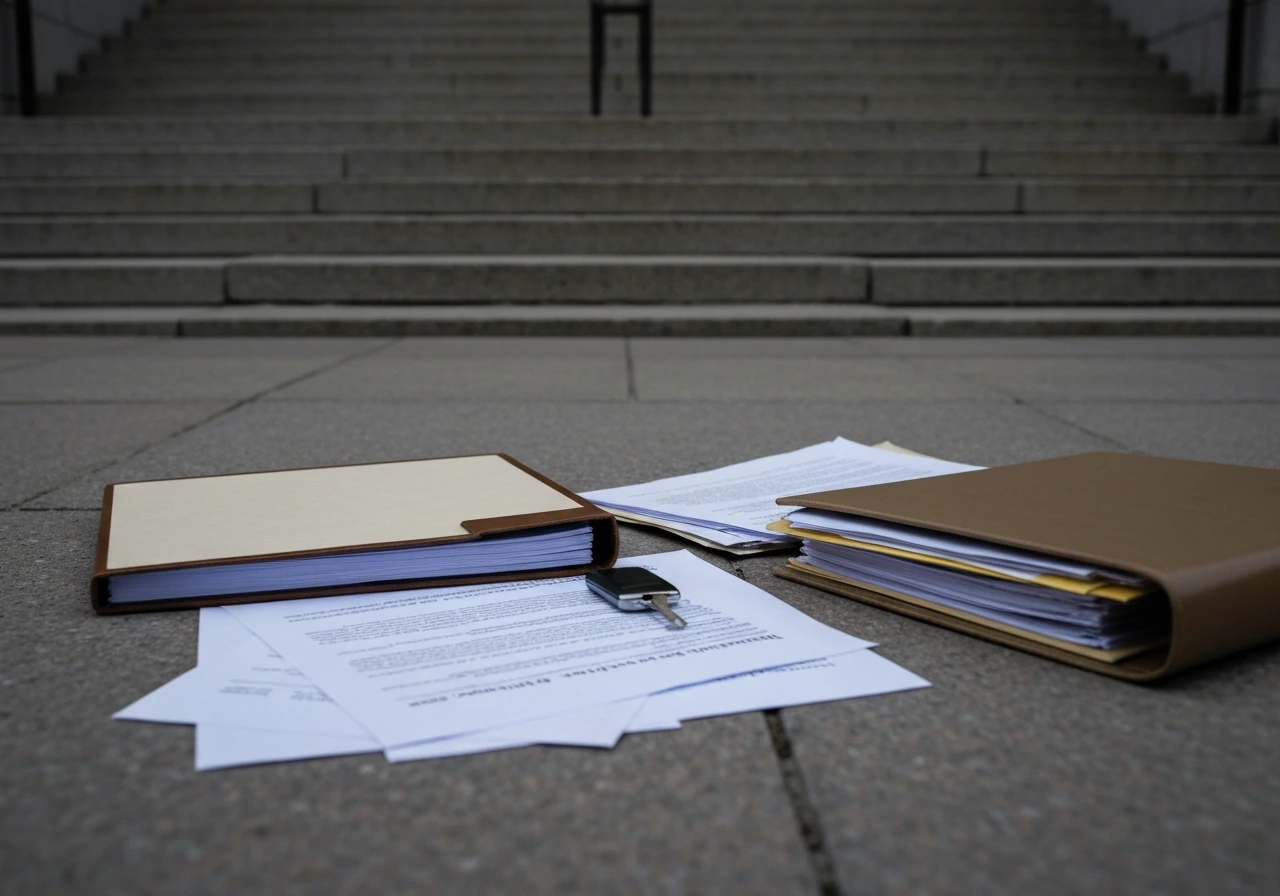 Empty courthouse steps with scattered legal documents and a closed ledger folder symbolizing bankruptcy.