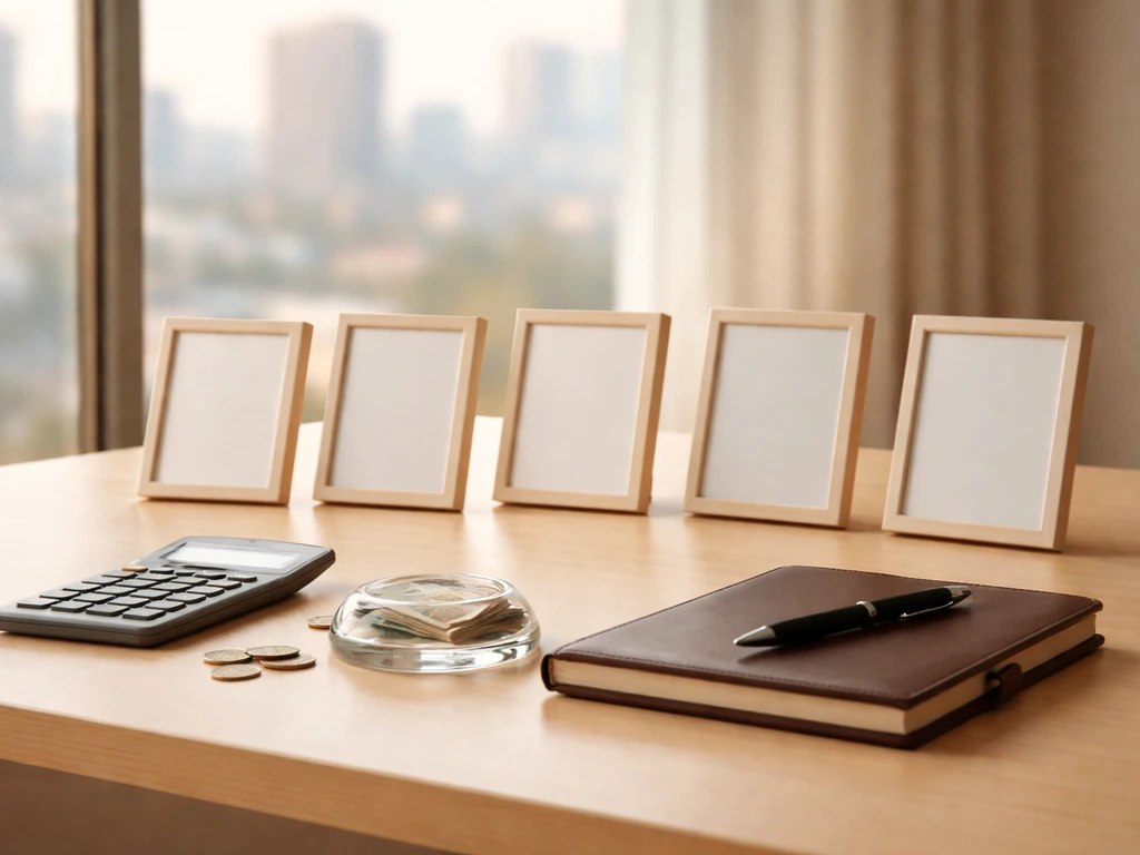 Minimal desk scene with five blank frames, calculator, coins, and blurred city window backdrop.