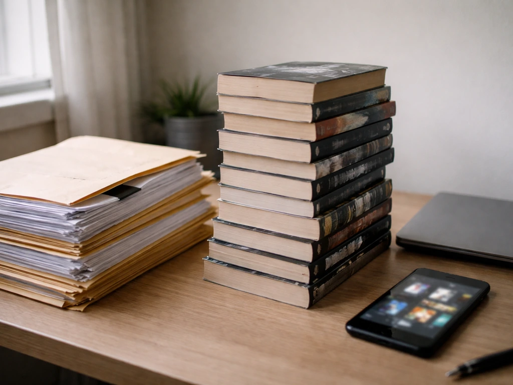 Stack of paperback thriller/paranormal books on a home office desk, suggesting prolific self-publishing.