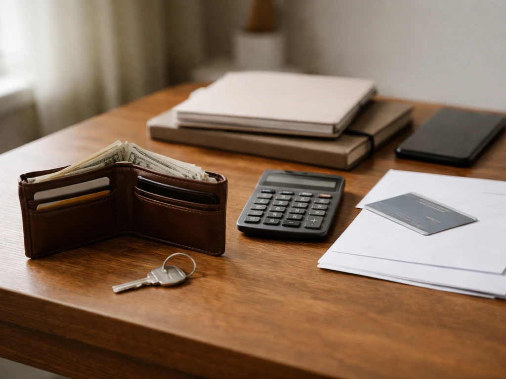 Minimal photo of a desk with a calculator and wallet showing the idea of assets minus liabilities.