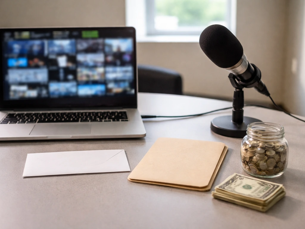 Empty TV news desk with microphone and symbolic money-management items, no text or logos.
