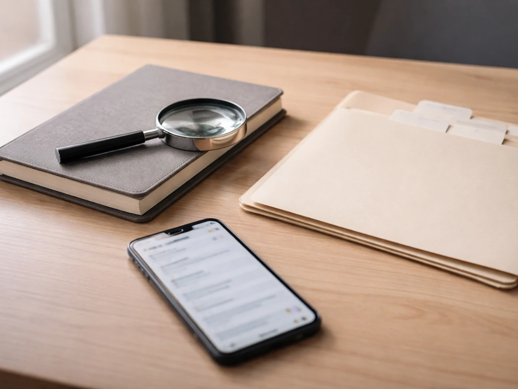 An anonymous desk scene with a magnifying glass and documents, symbolizing independent verification of information.