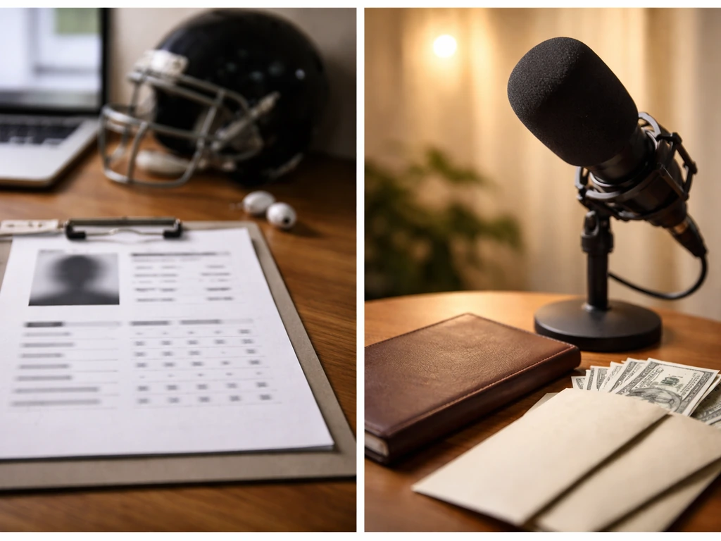 Side-by-side desk photos: a sports profile setup on the left and a media microphone/wealth vibe on the right.