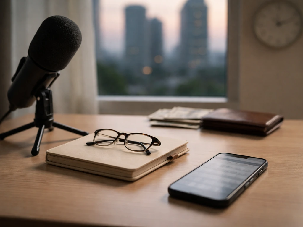 Minimal desk scene with microphone, wallet and currency, blurred city view suggesting financial milestones over time.