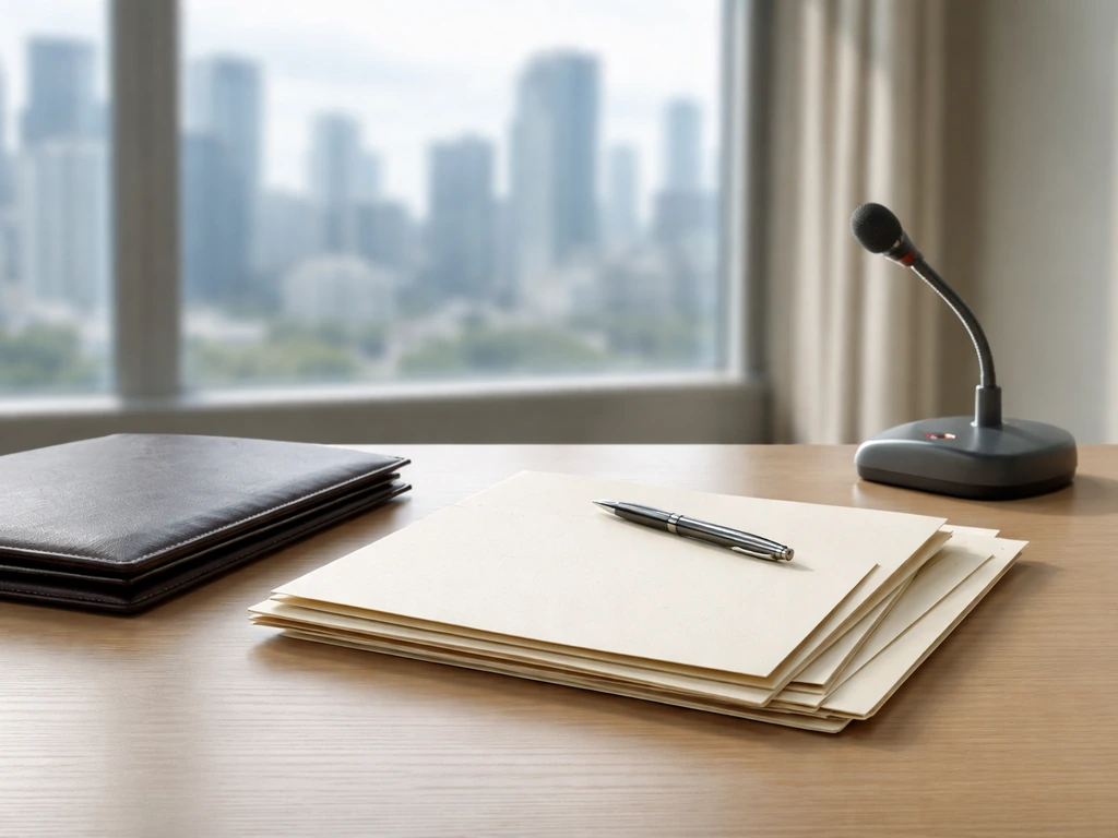 Sunlit office desk with neatly arranged documents, a closed portfolio, and a city skyline through the window
