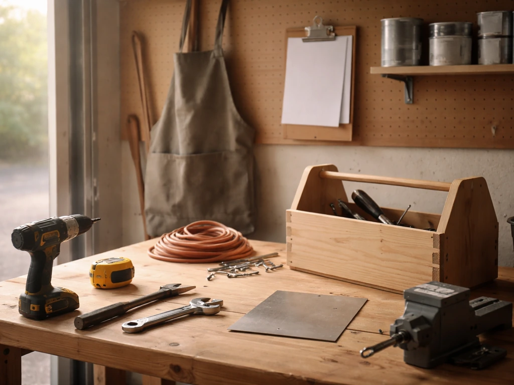 Tools and paint supplies on a workbench in a small garage, suggesting a home business transitioning to manufacturing.