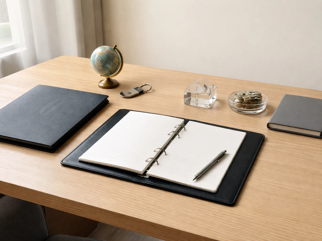 Minimal investment desk with three simple items suggesting a diversified portfolio model