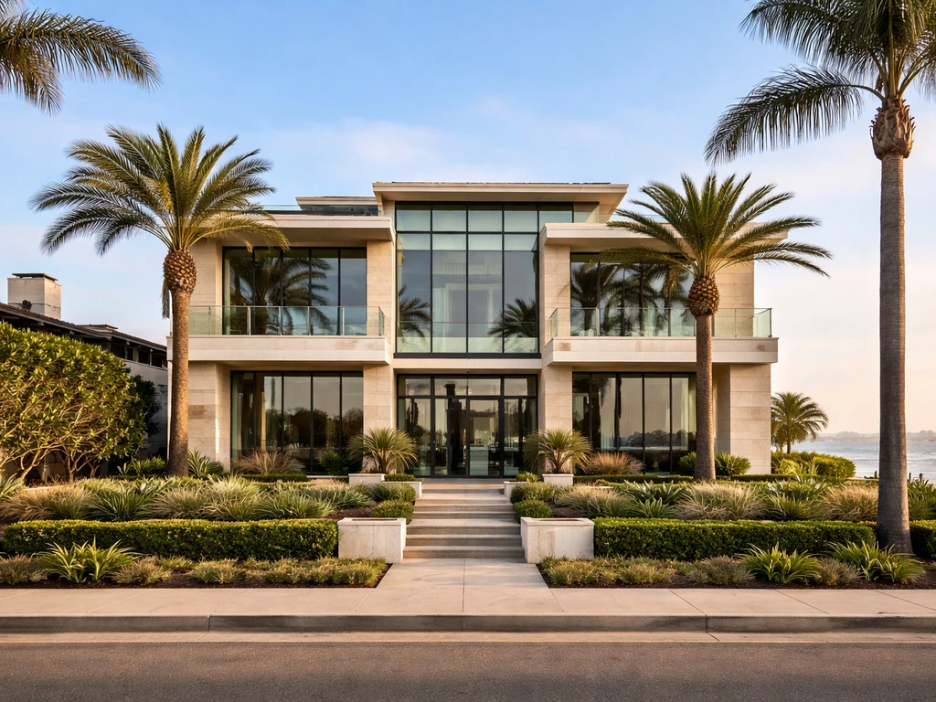 Luxury beachfront home exterior in Newport Beach with palms and ocean in the background.