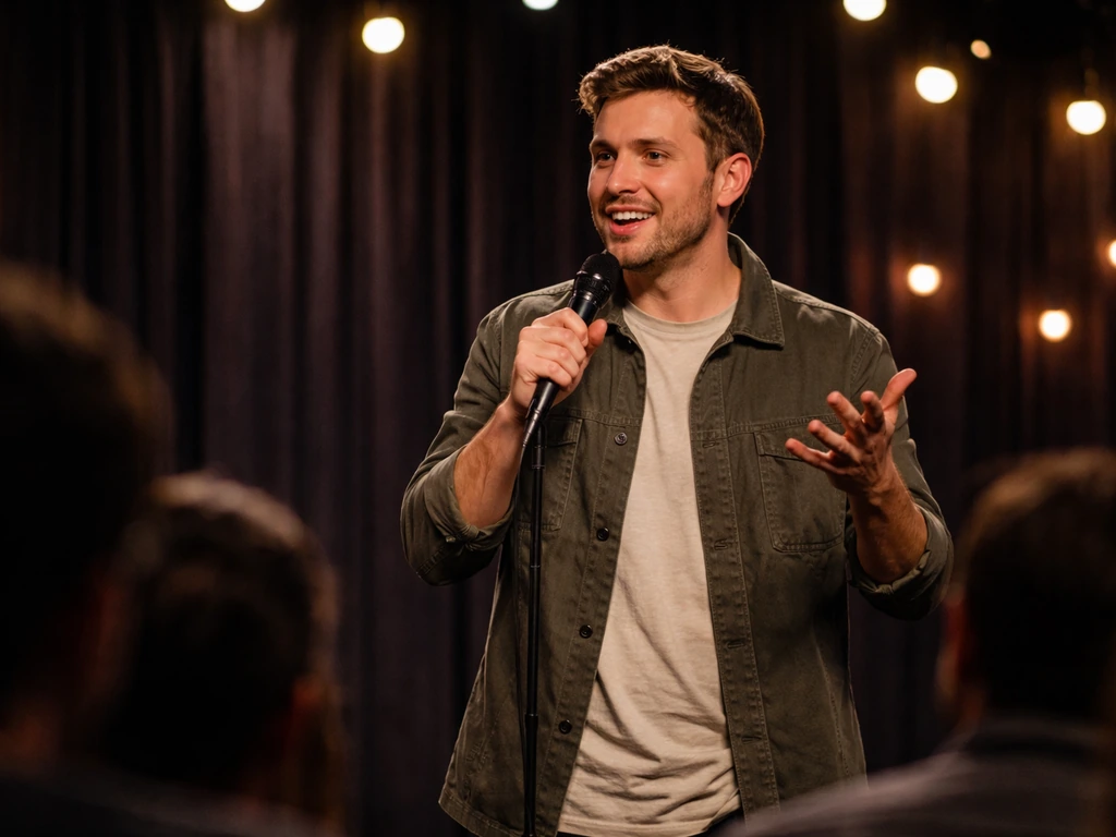 Anonymous comedian performing on a TV comedy stage with a microphone under warm lights.