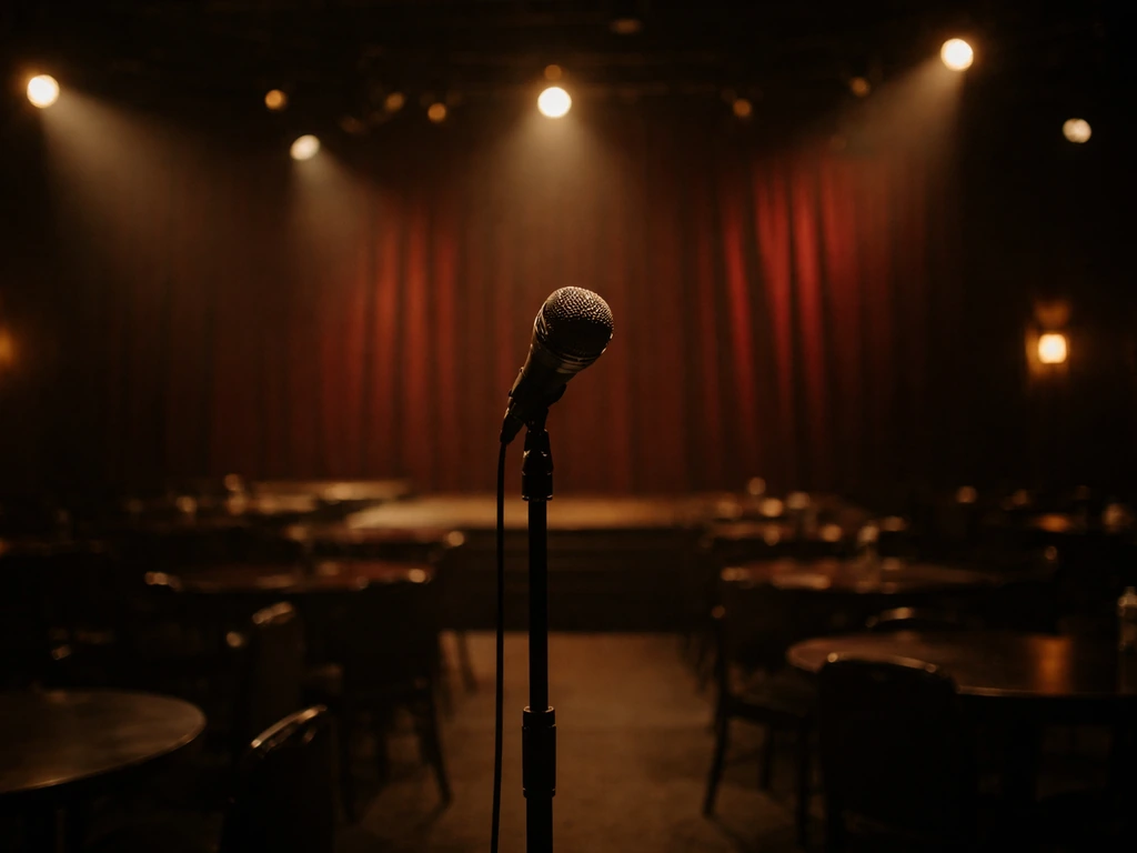 Vintage microphone on a stand in a dim comedy club stage with warm spotlights and empty seats