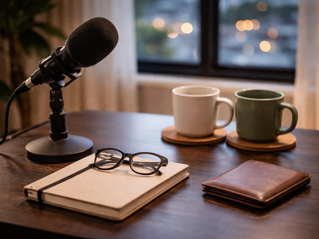 Minimal studio scene showing a couple’s finance lifestyle vibe with a microphone and tidy desk
