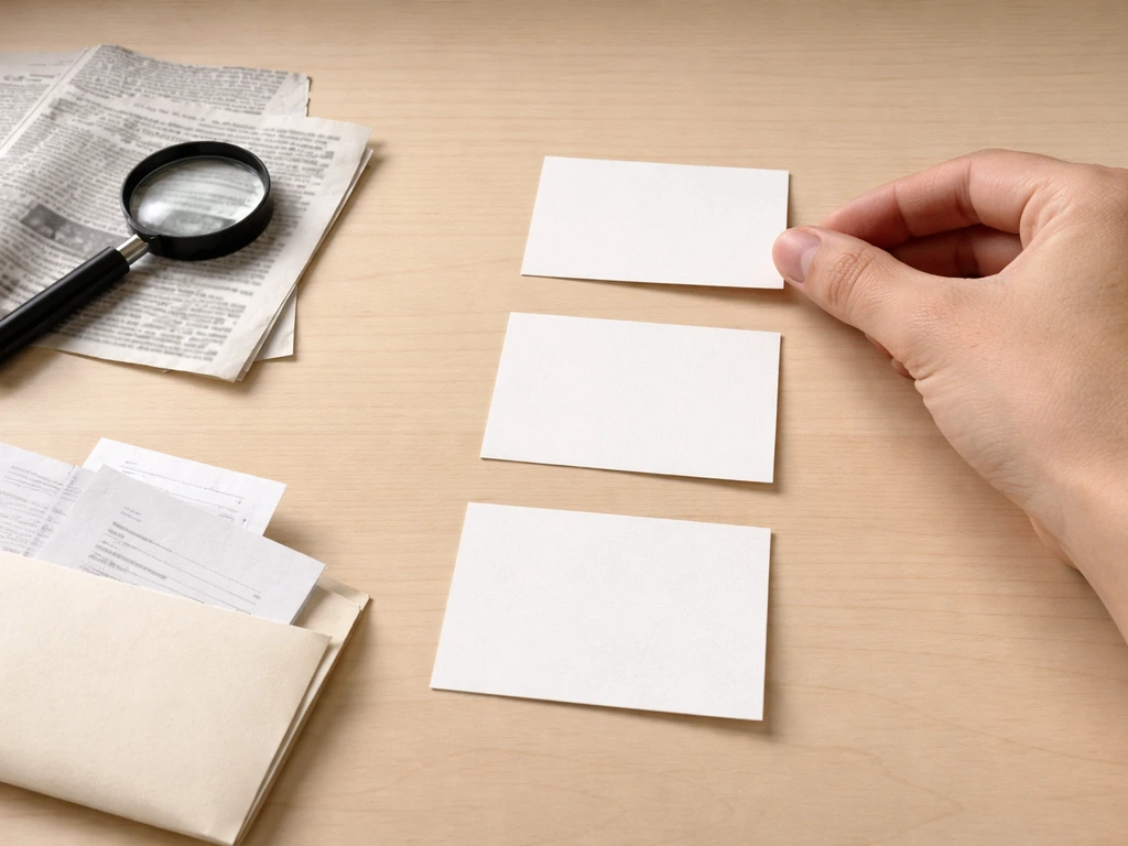 Hand arranging blank checklist cards with magnifying glass and envelope in a desk setup
