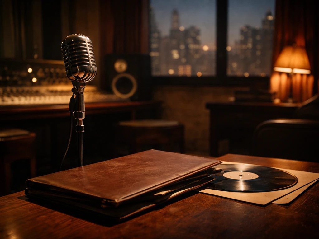 Empty vintage music studio desk with microphone and vinyl, symbolizing a musician’s peak and wealth investigation