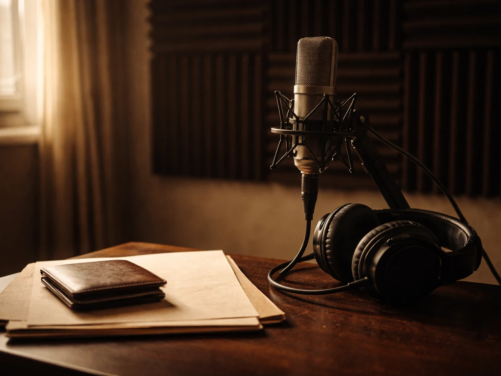 Warm studio desk scene with a microphone, headphones, and a wallet hinting at music and finances.