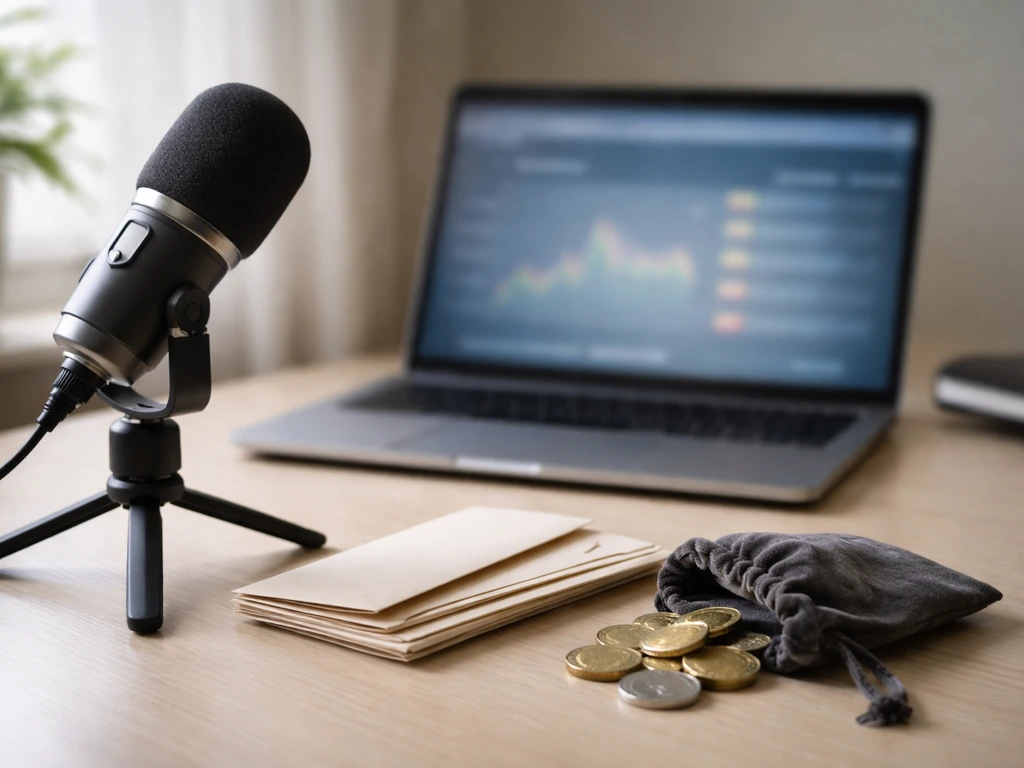 Minimal desk scene with microphone, envelopes, and coins suggesting wide net-worth estimates without any text.