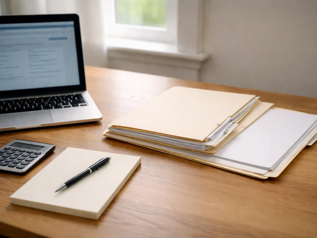 Minimal desk scene with a laptop case-search interface mockup and blank probate/property document folders.