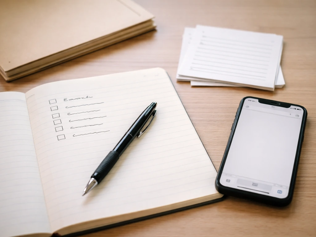 Close-up of a notebook checklist and pen on a desk beside a smartphone, suggesting finance research steps.