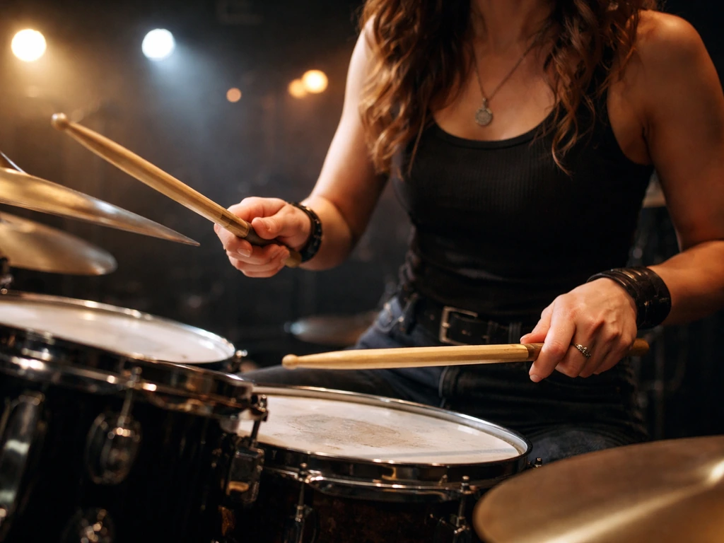 Hands playing a drum kit onstage with blurred background, drummer identity emphasized without a visible face.