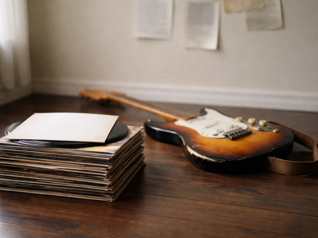 Minimal photo showing a stack of vinyl records and a guitar beside a softly lit wall of tour-era concert flyers