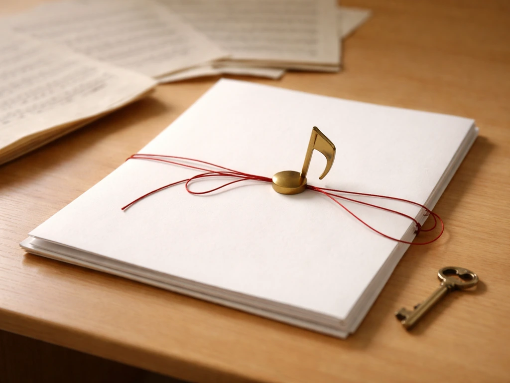Sheet music and a blank contract folder on a wooden desk with a small music-note paperweight and red string.