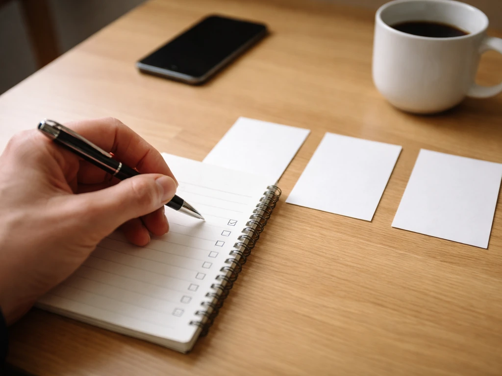 Hand checks a blank checklist beside three comparison cards, smartphone, and coffee on a minimal desk.