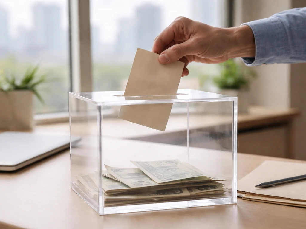 Philanthropy and business leader theme: hands holding a small charity donation envelope over a desk